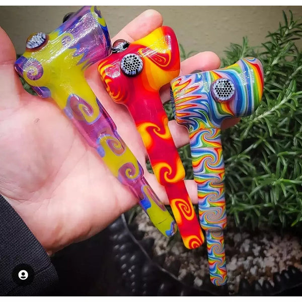 Erik Anderson wig wag hammers in Purple/Yellow, Red, and Rainbow.