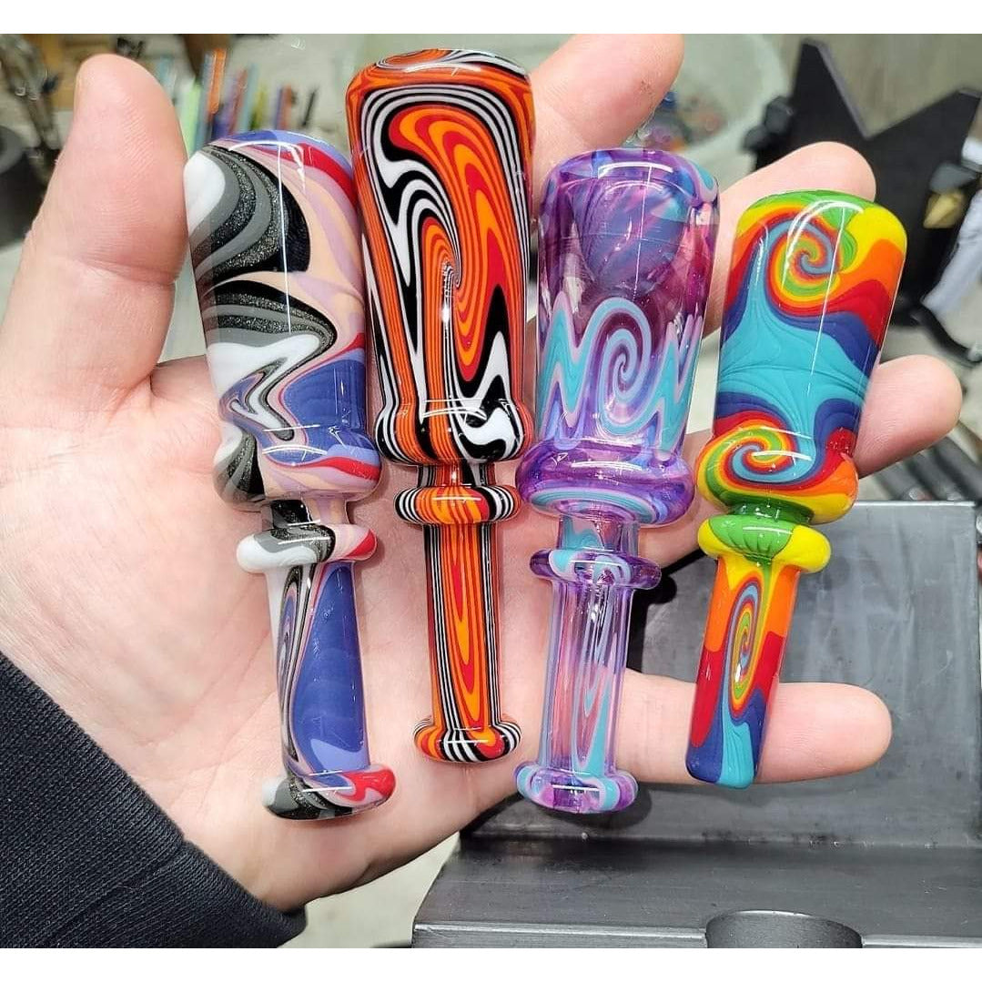 Erik Anderson wig wag chillums — Grey/Purp, Red/Black, Rainbow, and Purp/Blue.