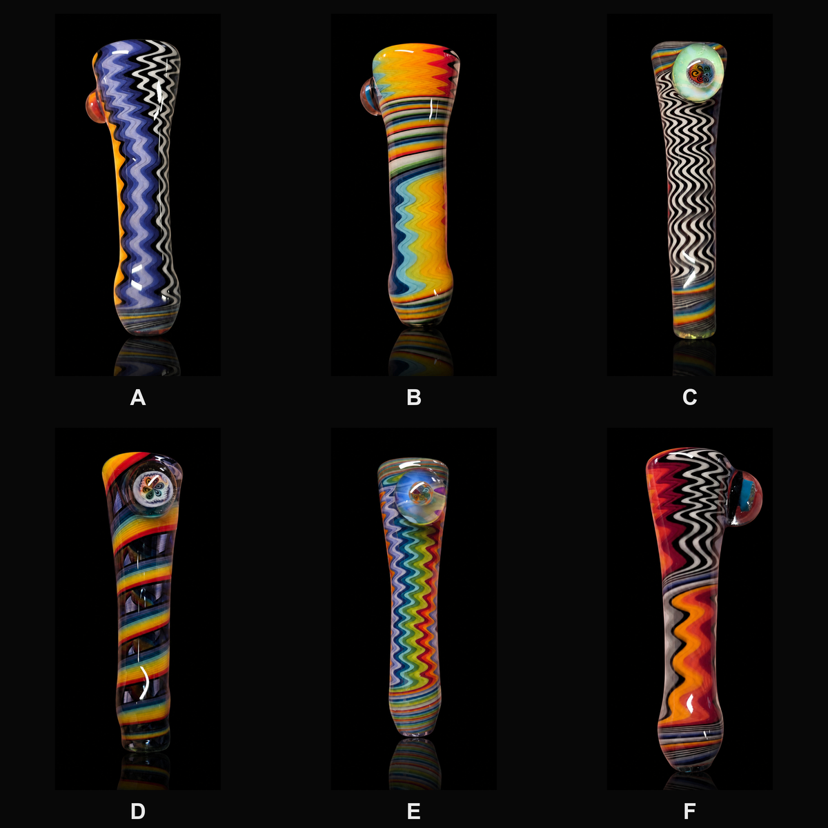 KJH Glass chillums - all six pieces, lettered A through F to match the piece options