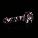KJH Glass spoon E - navy, red and white with lightning bolt marble, side view