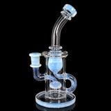 OJ Flame Color Klein recycler in Ghost colorway, milky blue accents, 14mm female joint, on black background
