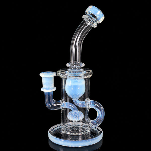 OJ Flame Color Klein recycler in Ghost colorway, milky blue accents, 14mm female joint, on black background
