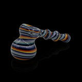 KJH Glass linework mini hammer bubbler A - navy and rainbow, angled view
