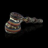 KJH Glass linework mini hammer bubbler C - gold and rainbow, angled view