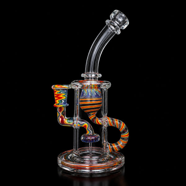 OJ Flame Wig Wag Recycler, clear klein recycler with rainbow wig wag work, 14mm female joint, on black background