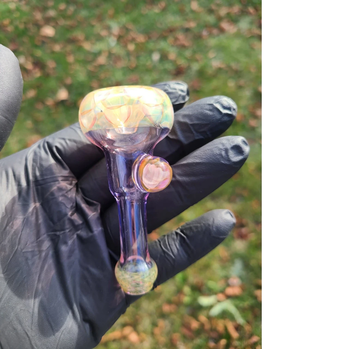 Banjo and Lil Bear collab fume chillum with purple color work.