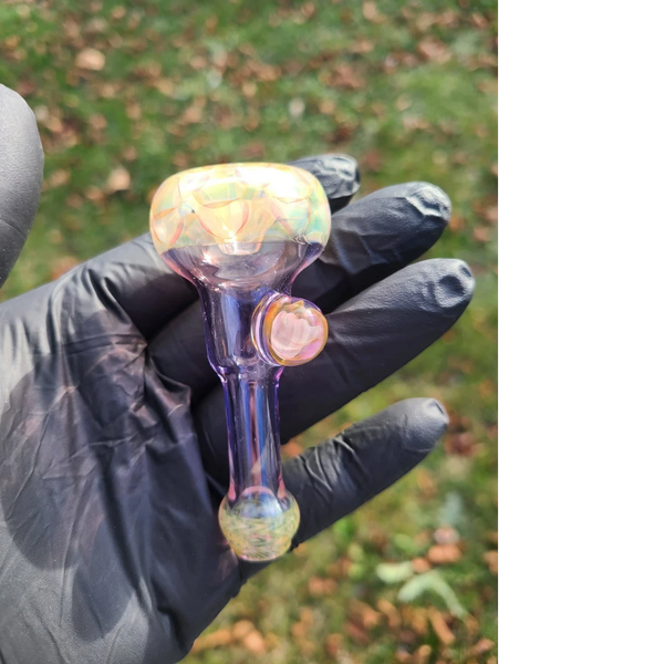 Banjo and Lil Bear collab fume chillum with purple color work.